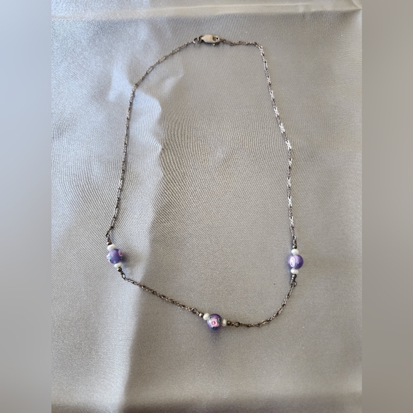 925 Sterling Silver 15" Necklace With Amethyst Floral/Rose Beads W/ Seed Pearls - Picture 3 of 5